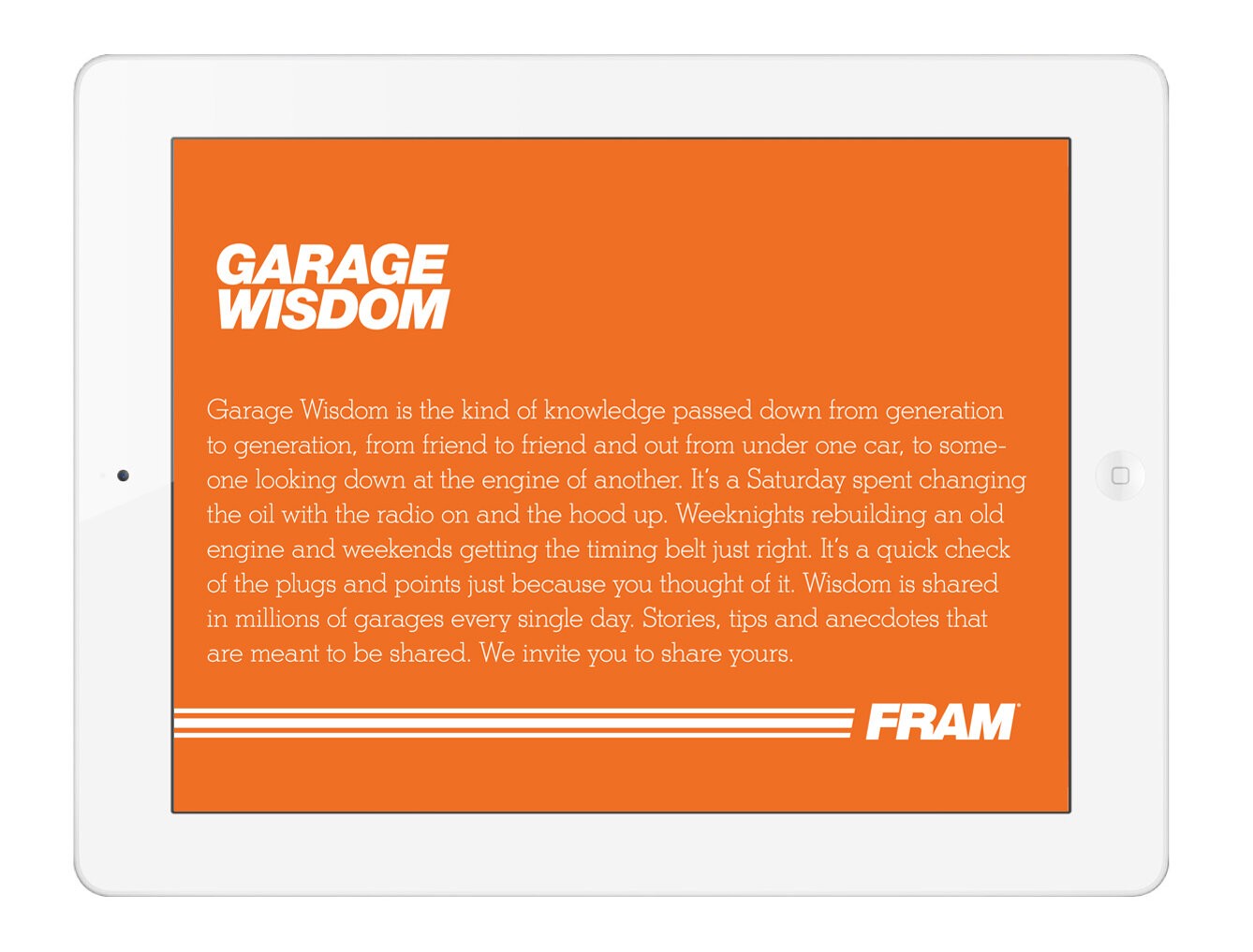 FRAM Garage Wisdom tablet experience