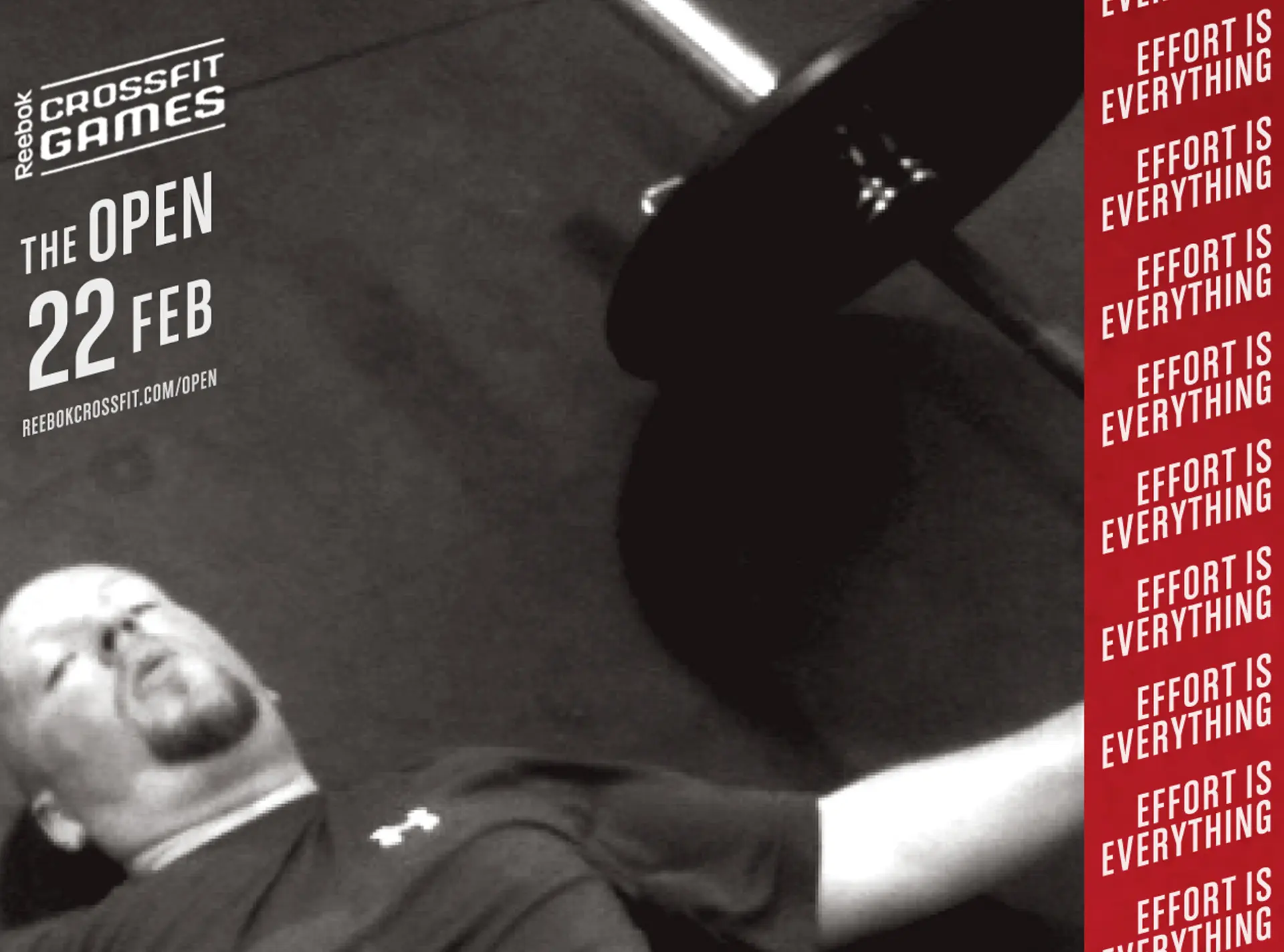 Reebok Crossfit Games poster: a black-and-white athlete resting beneath a barbell beside a red bar reading “EFFORT IS EVERYTHING”