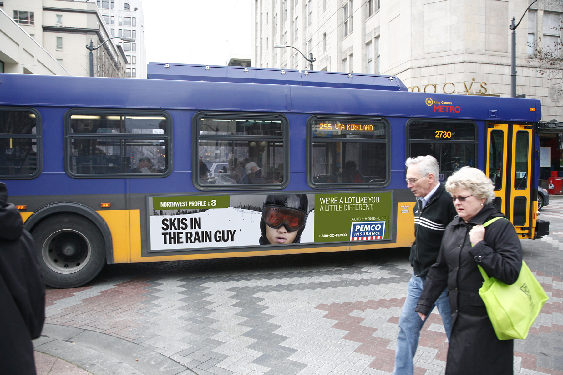 PEMCO Insurance Northwest Profiles: Skis in the Rain Guy, on a King County Metro bus in downtown Seattle. Concept development and art direction by Lonnie Weis.