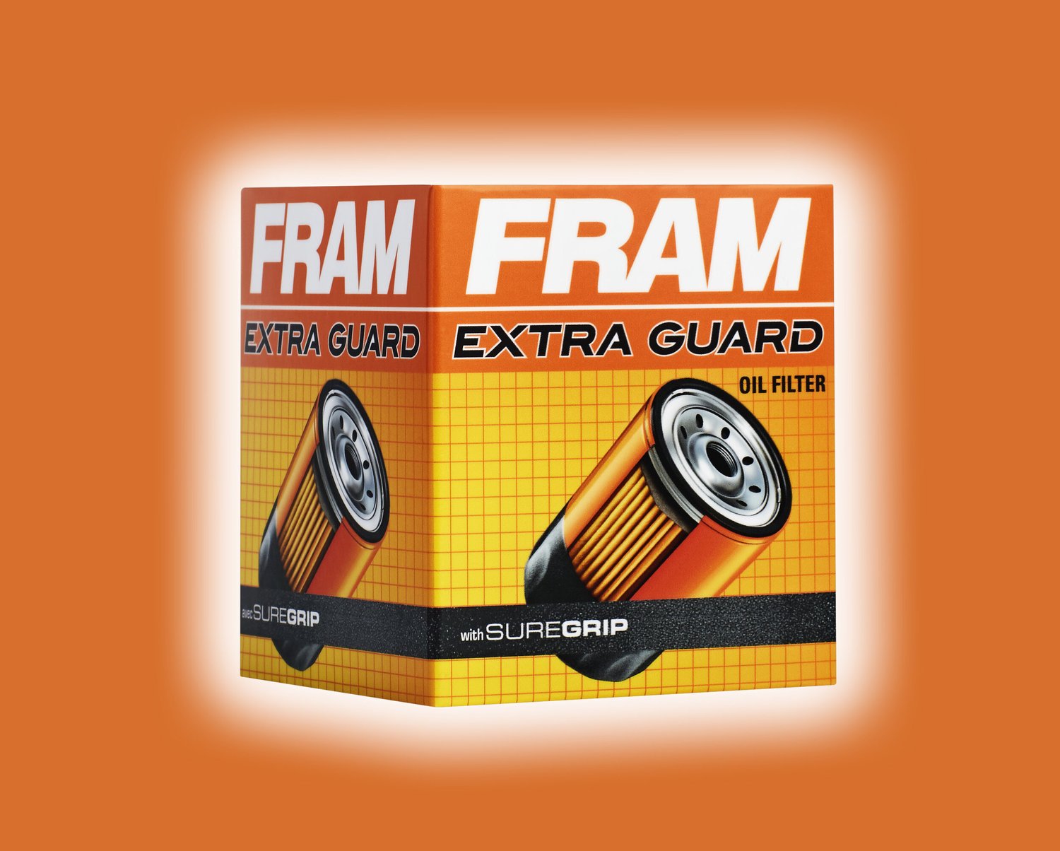 FRAM Extra Guard oil filter packaging on a vivid orange background