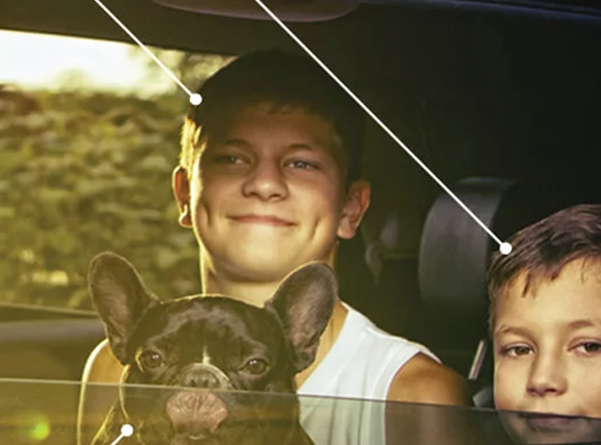 Columbia Credit Union: a smiling teenage boy and a French bulldog in the back seat of a car at golden hour, thin white callout lines pointing to each