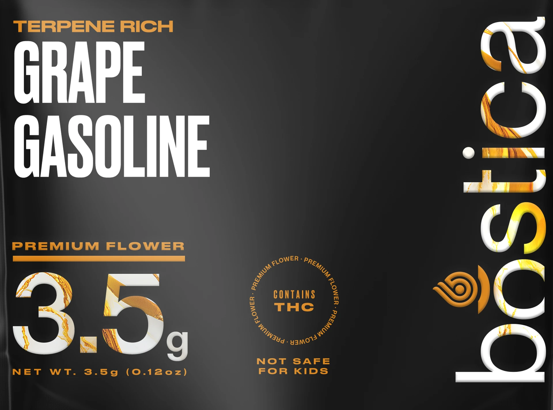Bostica Grape Gasoline premium flower packaging: black pouch with bold white lettering and gold accents