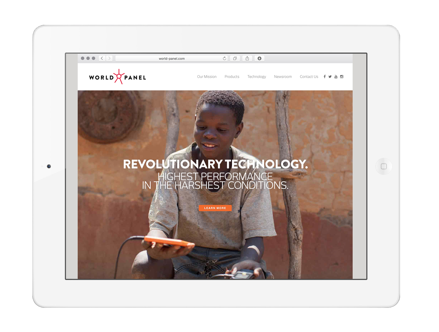 World Panel website on a white tablet: the world-panel.com homepage with a boy holding a SunStream device beneath the headline “REVOLUTIONARY TECHNOLOGY. HIGHEST PERFORMANCE IN THE HARSHEST CONDITIONS.”